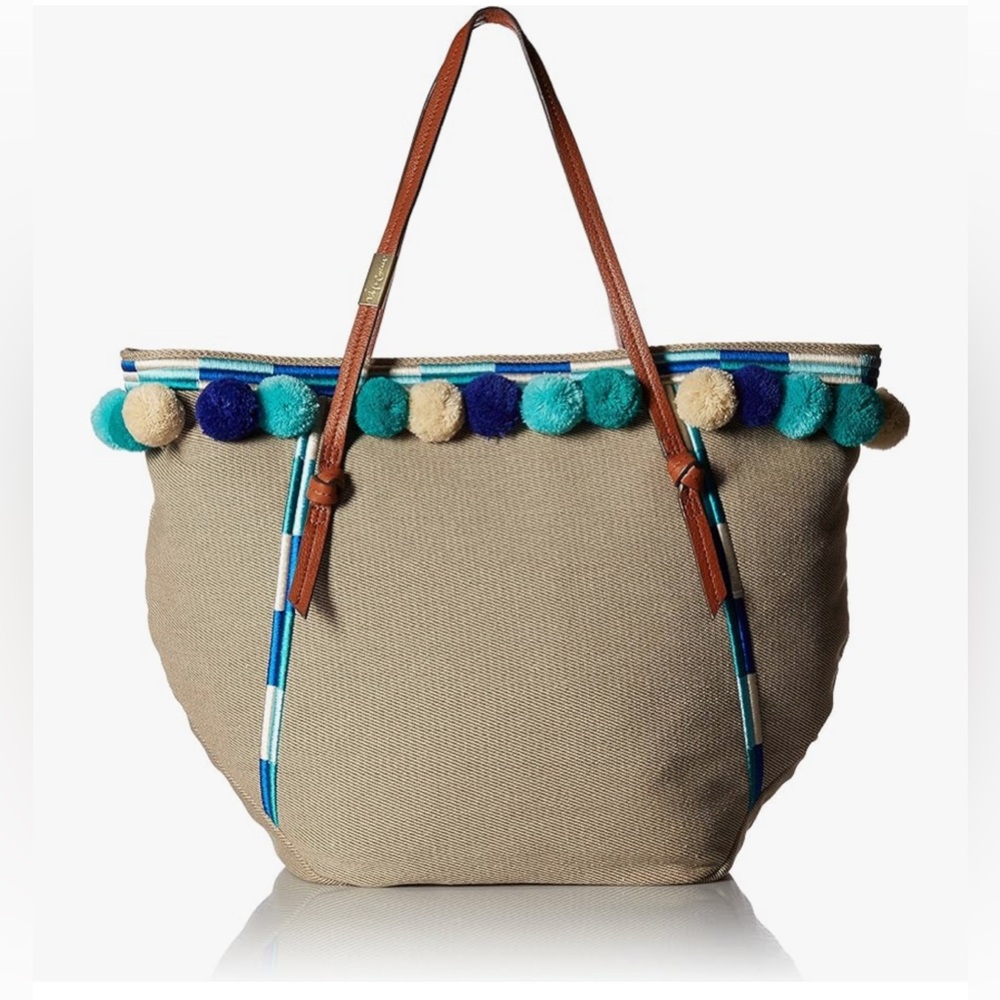 Stylish Tan and Blue Pom-Pom Tote Bag